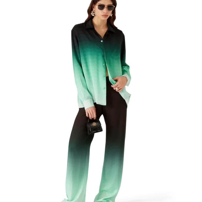 Gradient Ping Pong Jakarlı Uzun Kollu İpek Gömlek Gradient Ping Pong Jakarlı Uzun Kollu İpek Gömlek