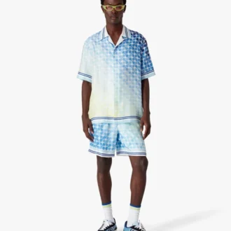 Gradient Tenis Kareli Şortlar Üzerinde Kısa Kollu İpek Gömlek