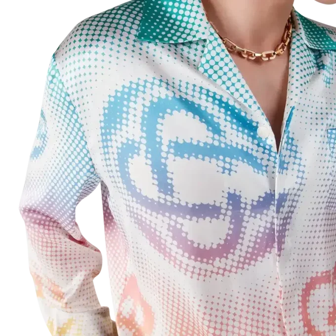 Halftone Logo Uzun Kollu İpek Gömlek