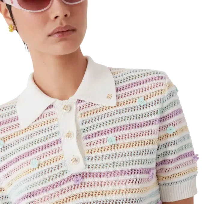 Çiçek Desenli Pamuklu Kroşe Polo Yaka Tişört Çiçek Desenli Pamuklu Kroşe Polo Yaka Tişört