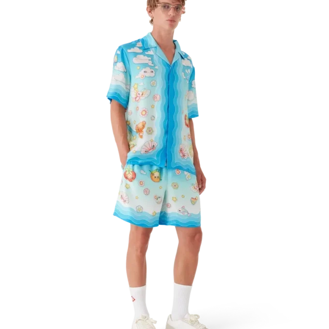 Kawaii Motifli Kısa Kollu İpek Twill Şort Gömlek Kawaii Motifli Kısa Kollu İpek Twill Şort Gömlek