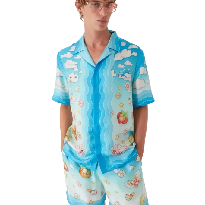 Kawaii Motifli Kısa Kollu İpek Twill Şort Gömlek Kawaii Motifli Kısa Kollu İpek Twill Şort Gömlek