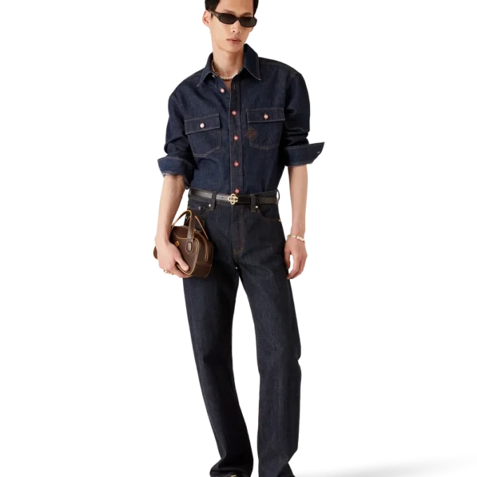 Logo Nakışlı Denim Şortlar Üzerinde Gömlek Logo Nakışlı Denim Şortlar Üzerinde Gömlek