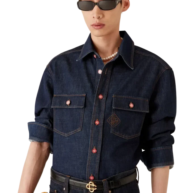 Logo Nakışlı Denim Şortlar Üzerinde Gömlek Logo Nakışlı Denim Şortlar Üzerinde Gömlek
