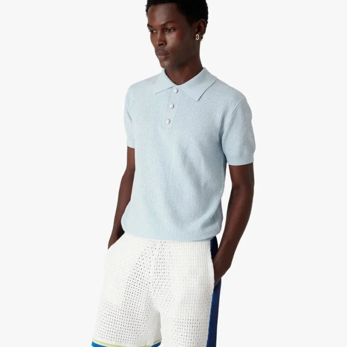Mavi Pointelle Monogram Kısa Kollu Polo Yaka Tişört Mavi Pointelle Monogram Kısa Kollu Polo Yaka Tişört