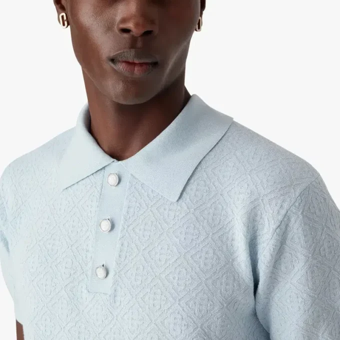 Mavi Pointelle Monogram Kısa Kollu Polo Yaka Tişört Mavi Pointelle Monogram Kısa Kollu Polo Yaka Tişört