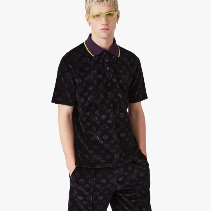 Mor Monogram Kadife Polo Yaka Tişört Mor Monogram Kadife Polo Yaka Tişört