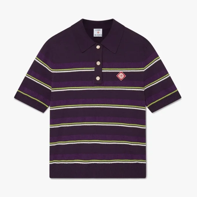 Mor ve Yeşil Çizgili Dar Kesim Polo Yaka Gömlek Mor ve Yeşil Çizgili Dar Kesim Polo Yaka Gömlek