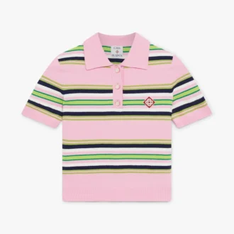 Pembe ve Yeşil Çizgili Dar Kesim Polo Yaka Tişört