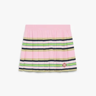 Pembe ve Yeşil Çizgili Pileli Mini Etek