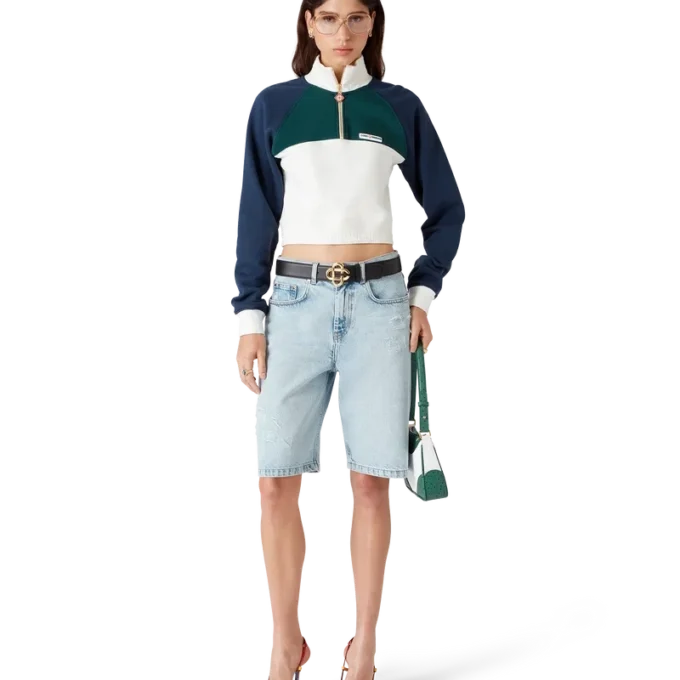 Renk Bloklu Çeyrek Fermuarlı Kısa Sweatshirt