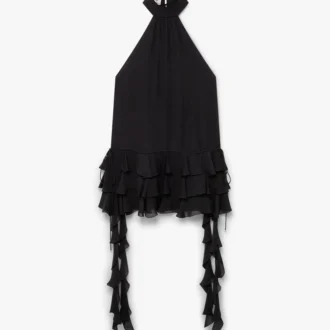 Siyah Georgette Çift Fırfırlı Mini Elbise