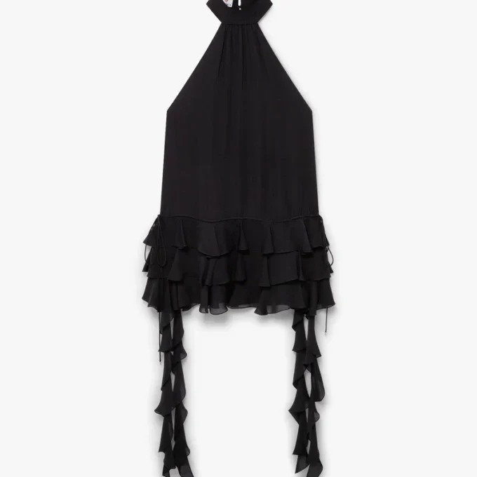 Siyah Georgette Çift Fırfırlı Mini Elbise Siyah Georgette Çift Fırfırlı Mini Elbise