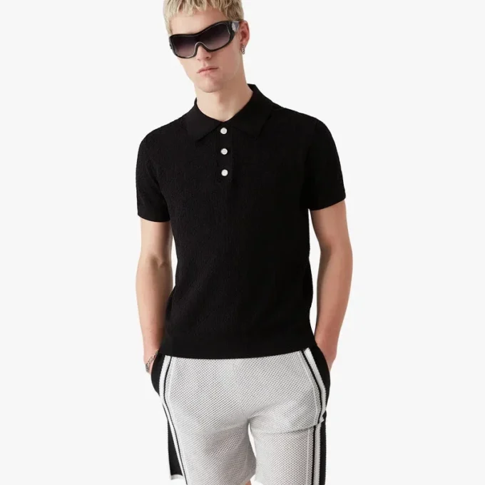 Siyah Pointelle Monogram Kısa Kollu Polo Şort Gömleği Siyah Pointelle Monogram Kısa Kollu Polo Şort Gömleği