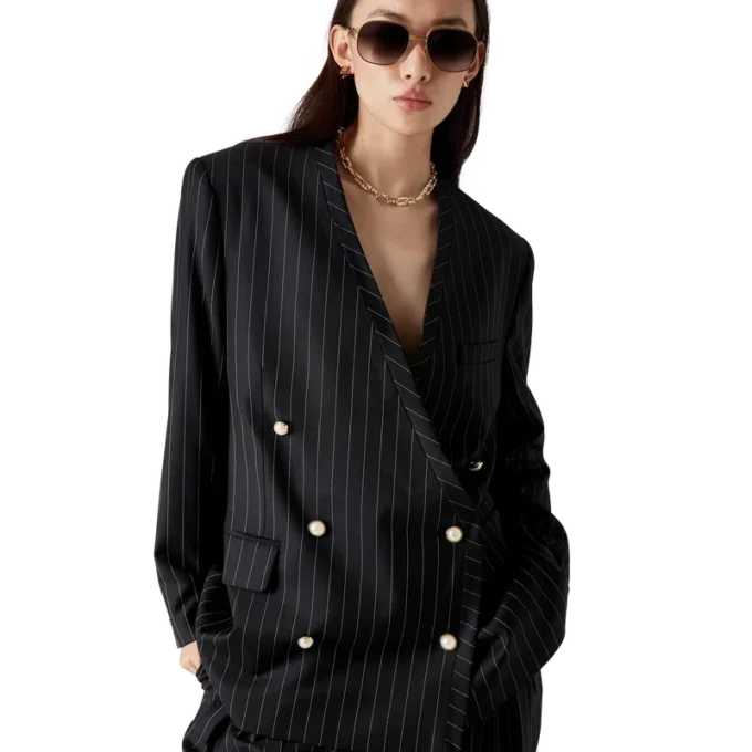Yünlü İnce Çizgili Oversized Blazer Yünlü İnce Çizgili Oversized Blazer
